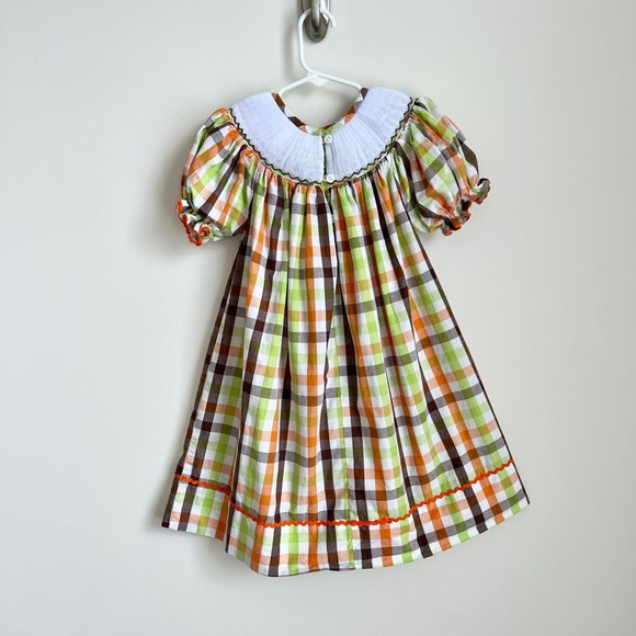 Fall Thanksgiving Pumpkin Turkey Checkered 3T Smocked Dress - Picture 10 of 10